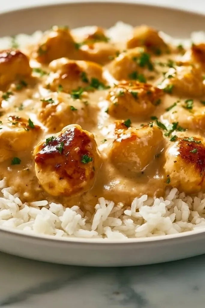 Creamy garlic chicken served with rice in a delicious, savory sauce