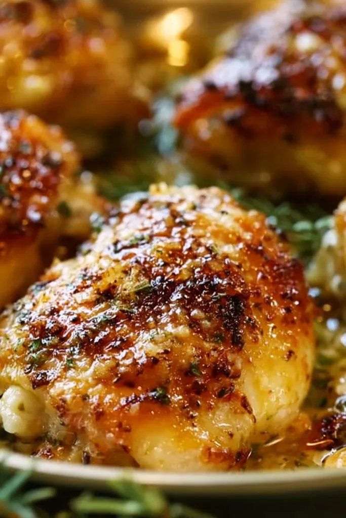 Creamy garlic chicken thighs with parmesan served on a plate