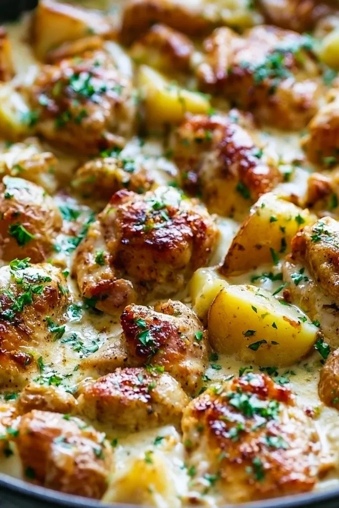 Creamy garlic parmesan chicken served with roasted potatoes