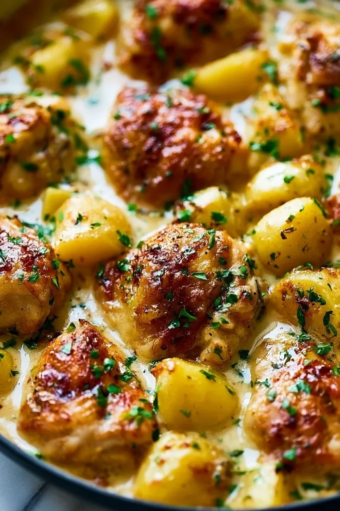Creamy Garlic Parmesan Chicken served with potatoes on a plate.