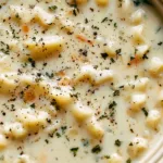 Creamy lasagna soup served in a bowl, garnished with herbs and cheese.