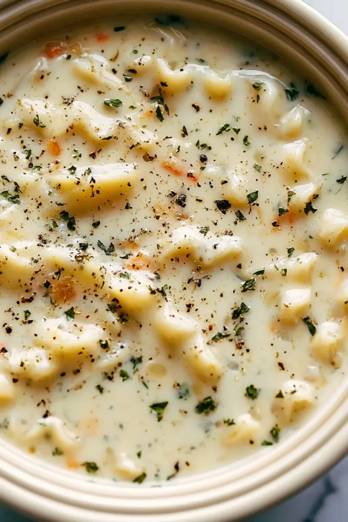 Creamy lasagna soup served in a bowl, garnished with herbs and cheese.