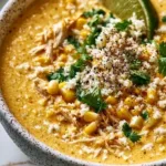 Bowl of creamy Mexican street corn soup topped with cilantro and cheese