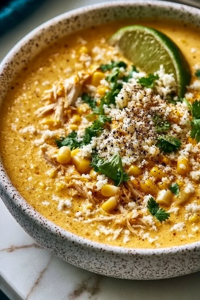 Bowl of creamy Mexican street corn soup topped with cilantro and cheese