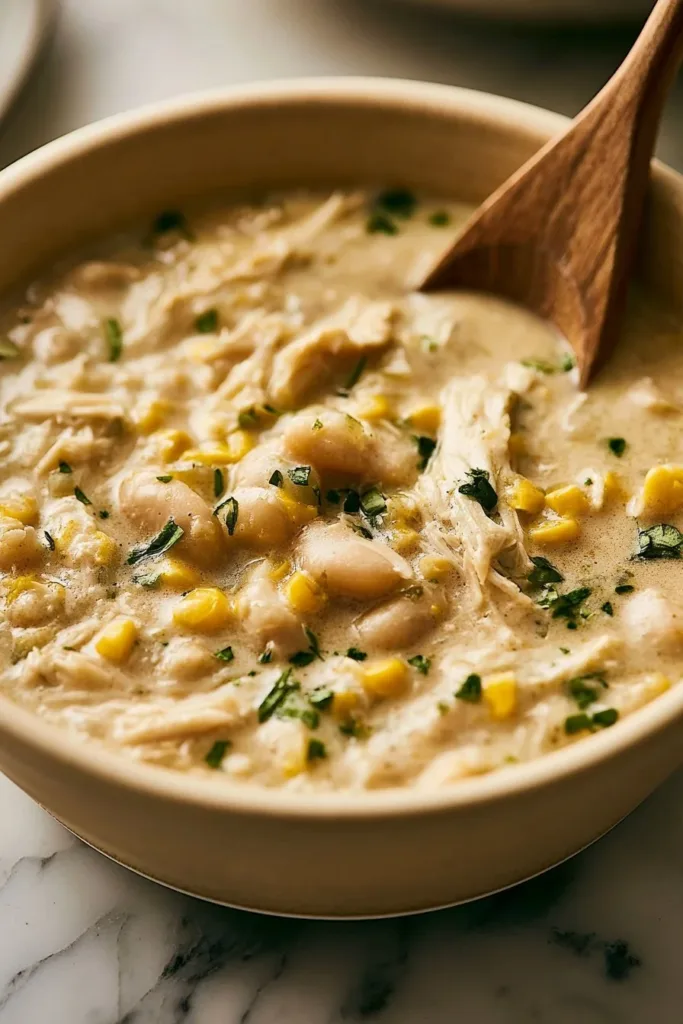 Creamy white chicken chili in a bowl with toppings, perfect for a hearty meal.