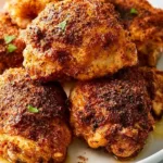 Delicious crispy baked chicken thighs on a plate with herbs and spices