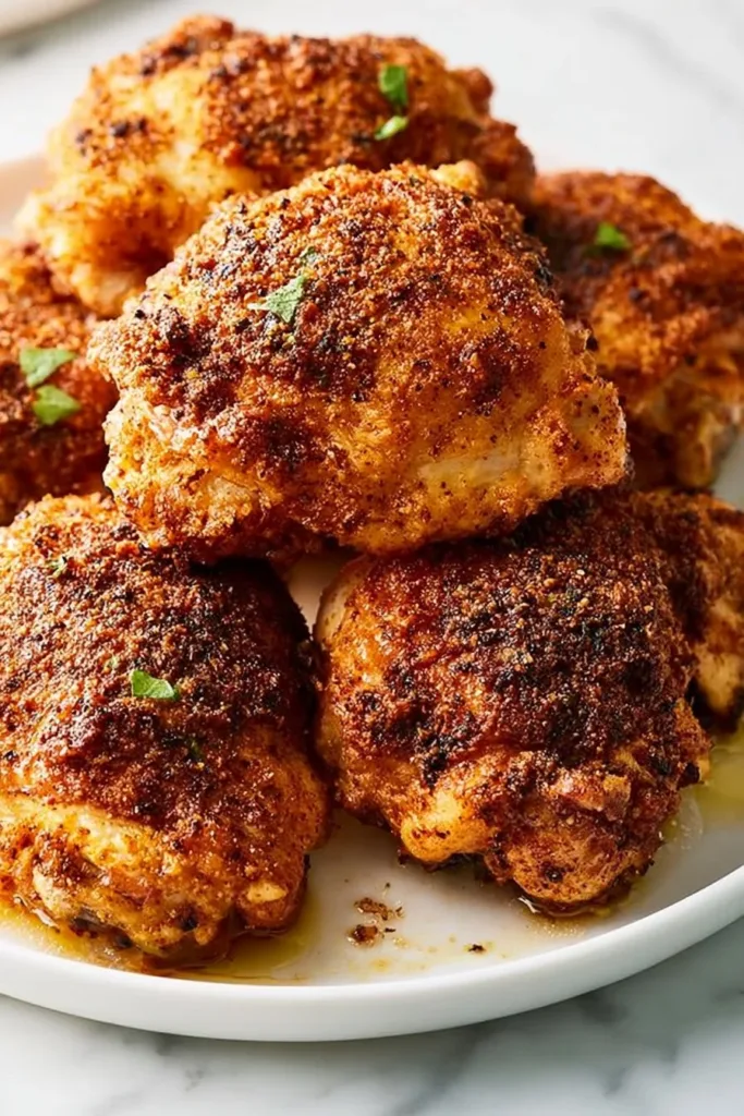 Delicious crispy baked chicken thighs on a plate with herbs and spices