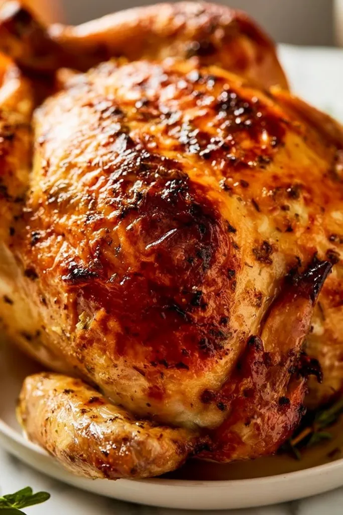 Crispy garlic butter roast chicken on a rustic wooden table.