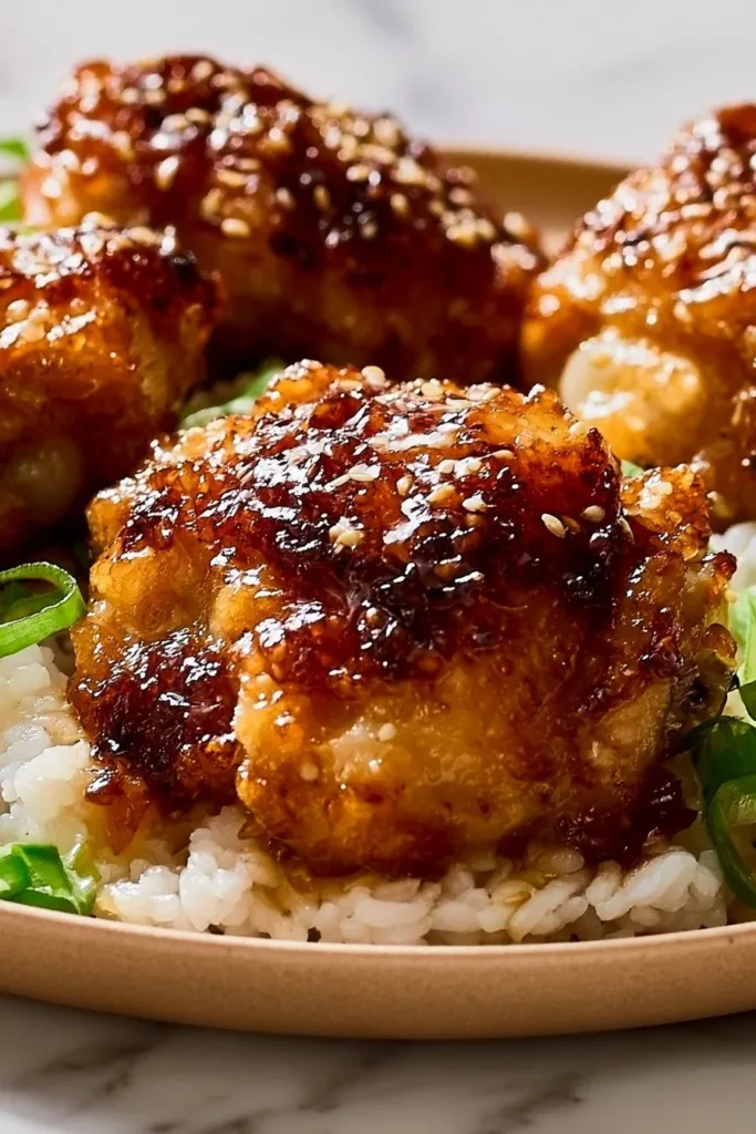 Delicious crispy honey garlic chicken thighs served with vegetables