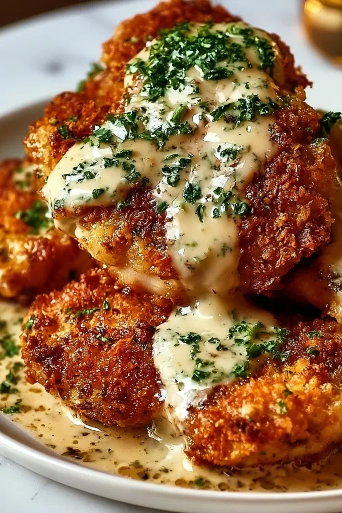 Crispy Parmesan Chicken topped with a rich garlic sauce on a plate