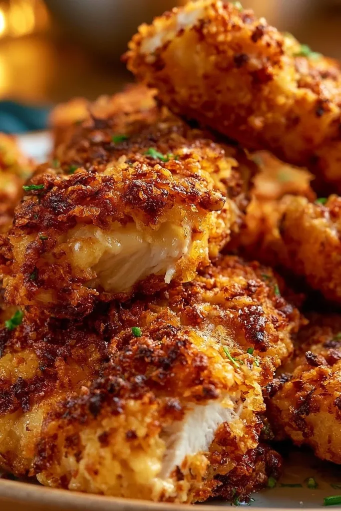 Crispy ranch chicken tenders arranged on a plate with dipping sauce