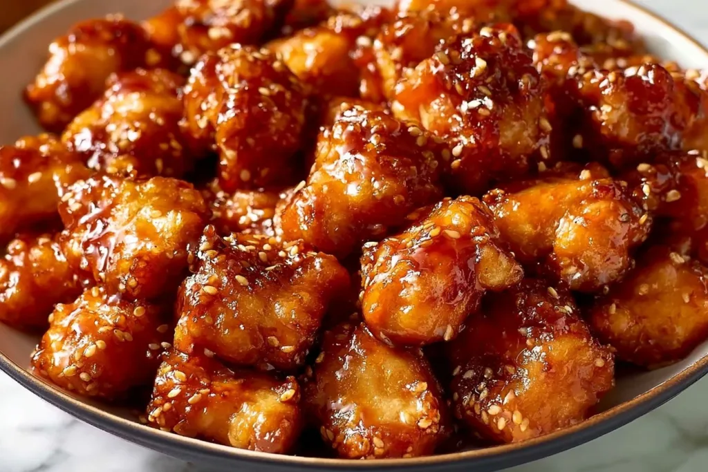Crispy sesame chicken served with a garnish of sesame seeds and green onions.