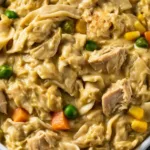 Delicious crock pot chicken noodles served in a bowl