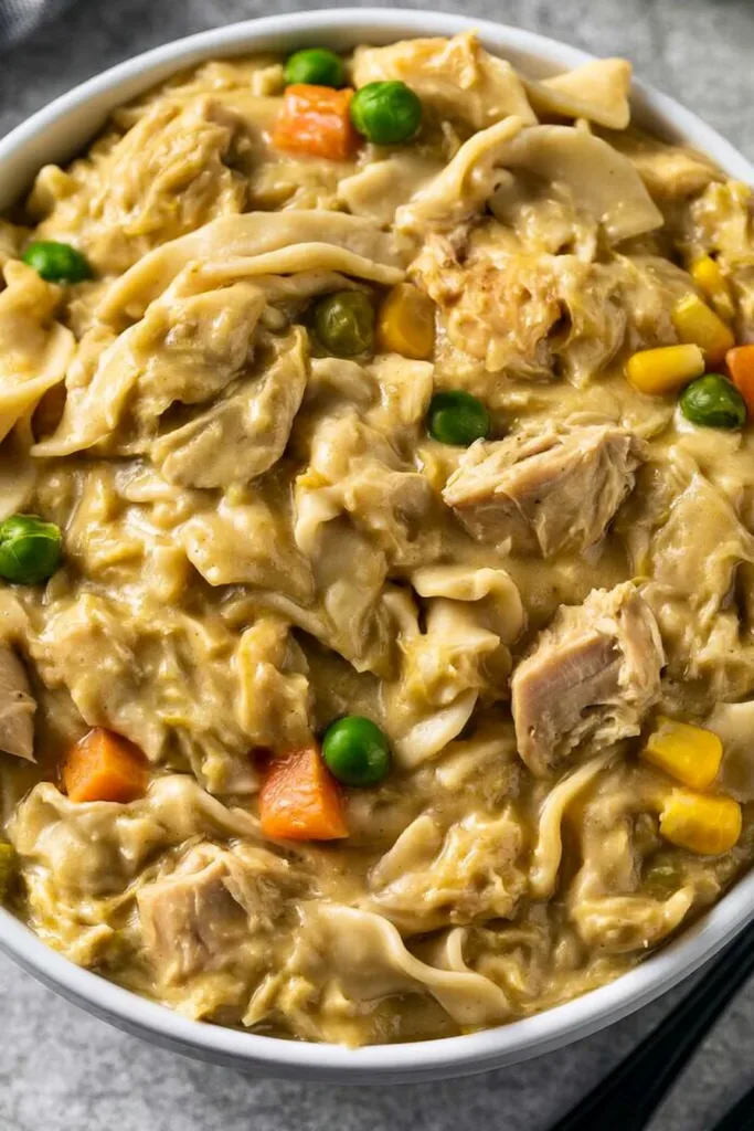 Delicious crock pot chicken noodles served in a bowl