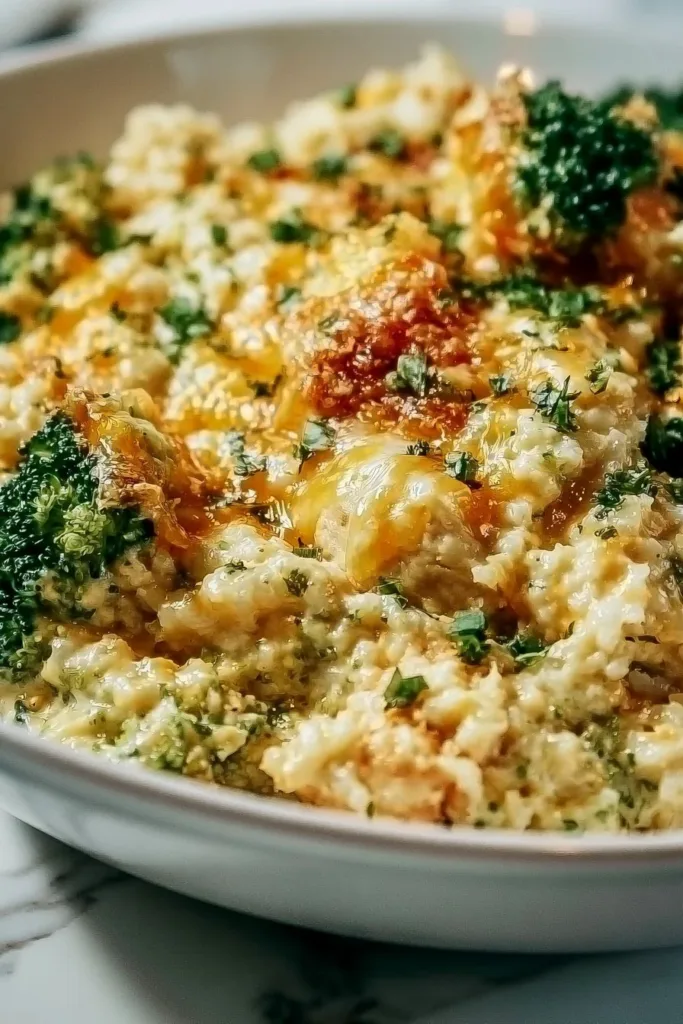 Crockpot chicken and rice with broccoli and cheddar in a serving bowl