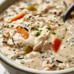 Crockpot Chicken Soup with Wild Rice simmering in a slow cooker
