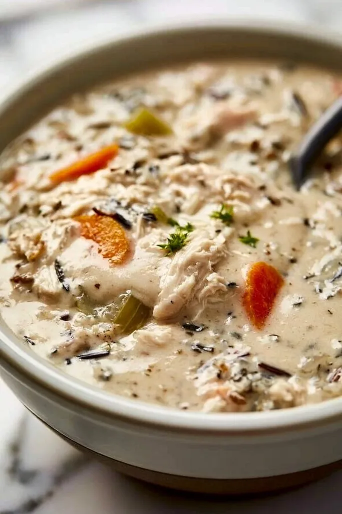 Crockpot Chicken Soup with Wild Rice simmering in a slow cooker
