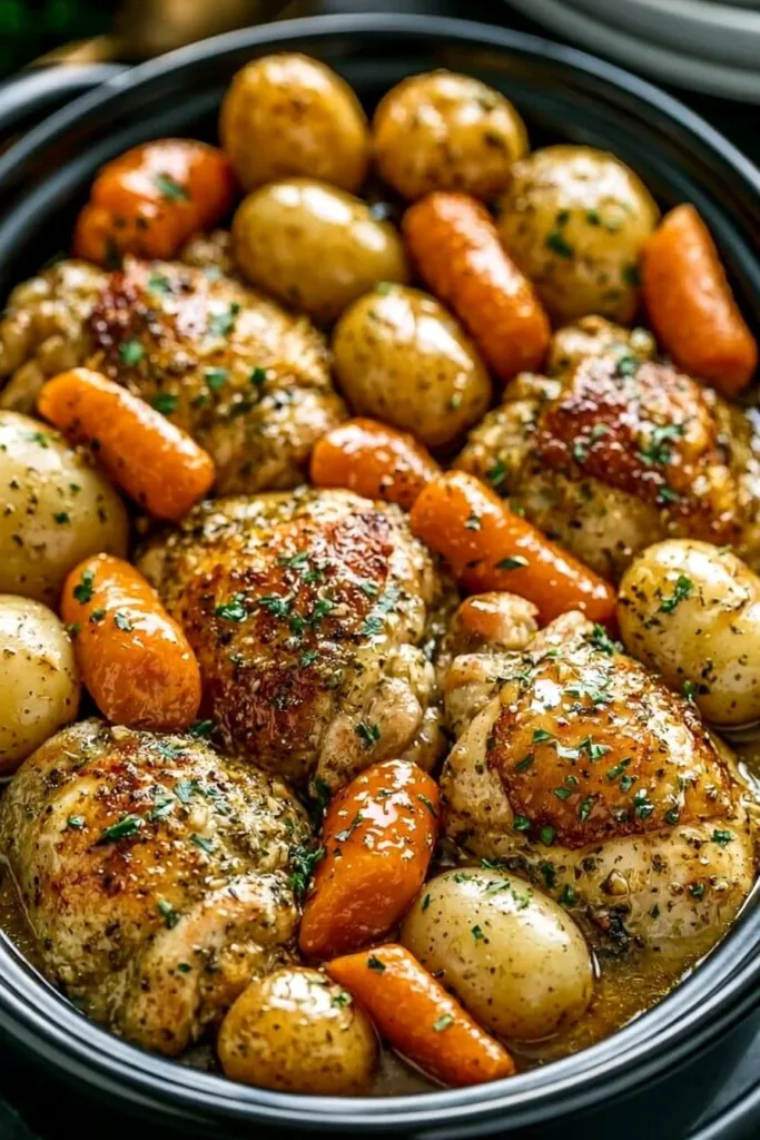 Crockpot Garlic Herb Chicken served with fresh vegetables