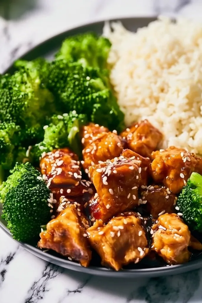 Crockpot Teriyaki Chicken served with rice and vegetables