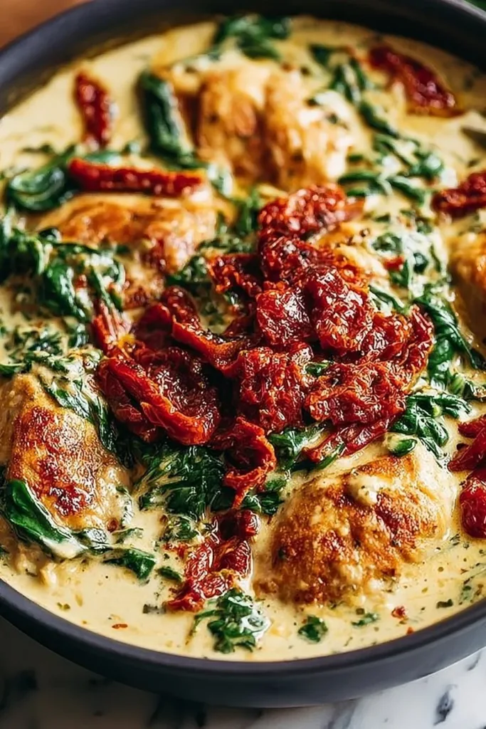 Crockpot Tuscan Garlic Chicken dish served with herbs and vegetables.