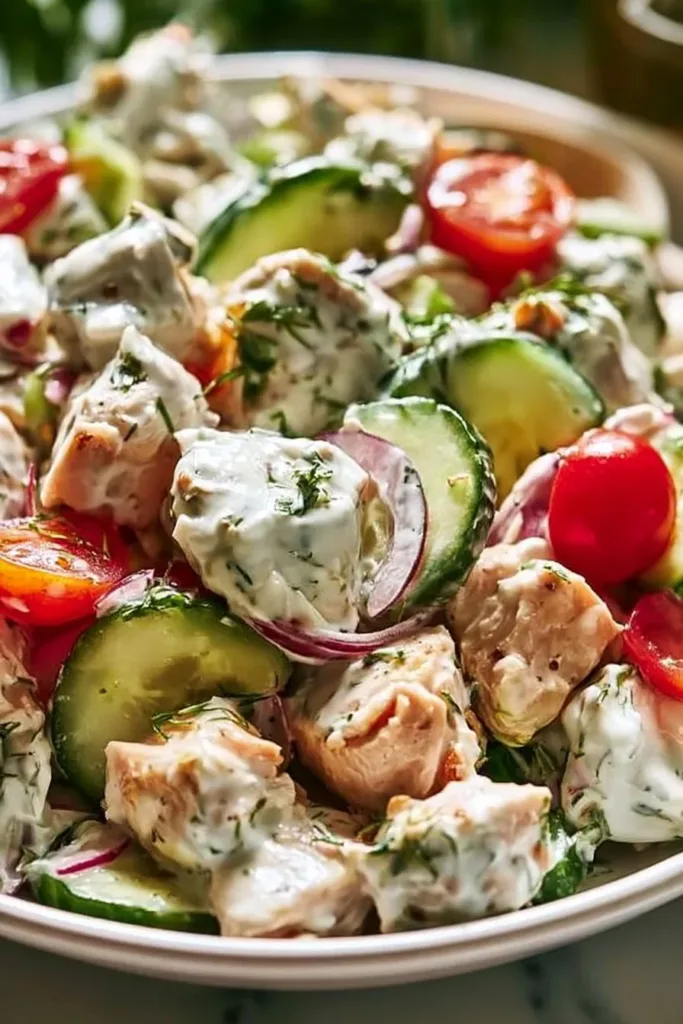 Delicious tzatziki chicken salad with fresh vegetables and herbs