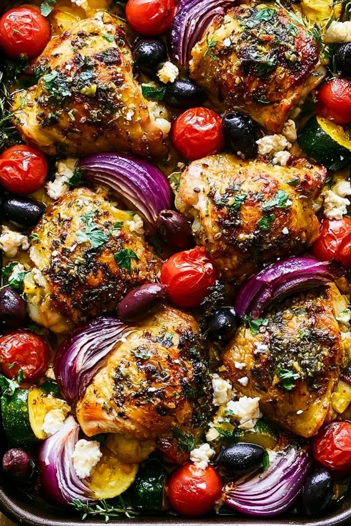 Easy Greek Chicken Sheet Pan Dinner with colorful vegetables and herbs