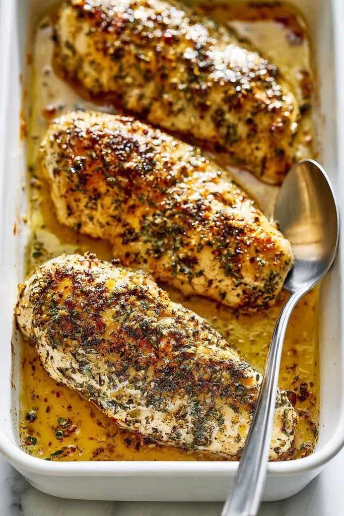 Juicy Garlic Parmesan Baked Chicken garnished with herbs on a plate