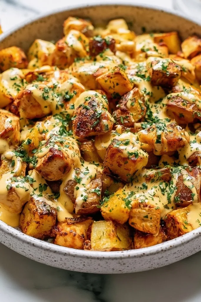 Garlic Parmesan Baked Chicken served with crispy potatoes