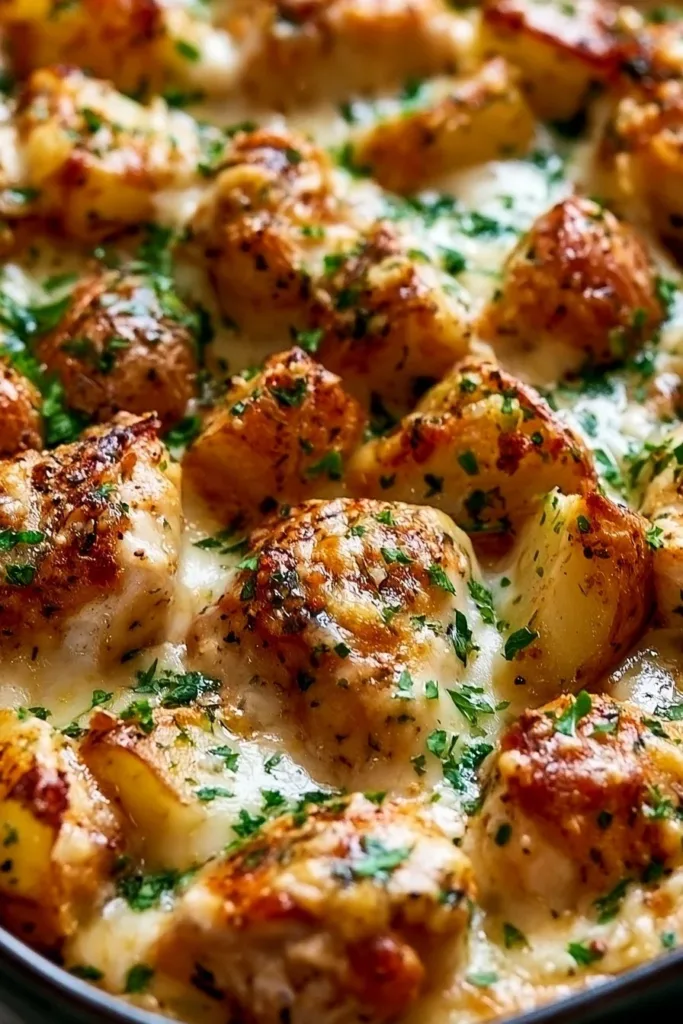 Garlic Parmesan Chicken and Potatoes served on a plate with herbs