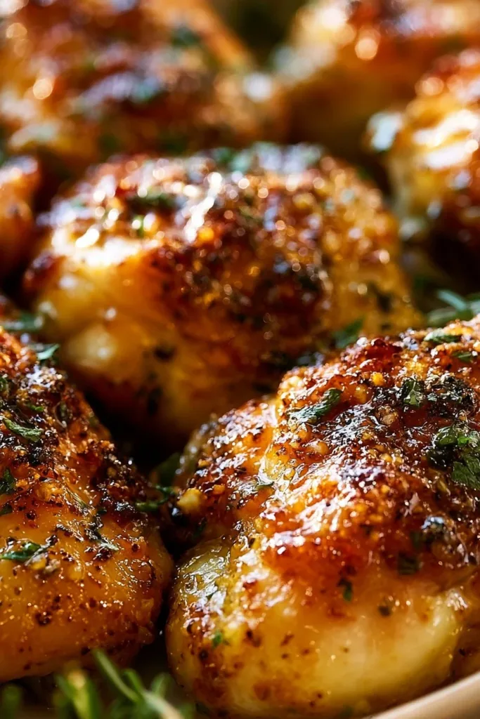 Delicious Garlic Parmesan Chicken Thighs plate garnished with herbs