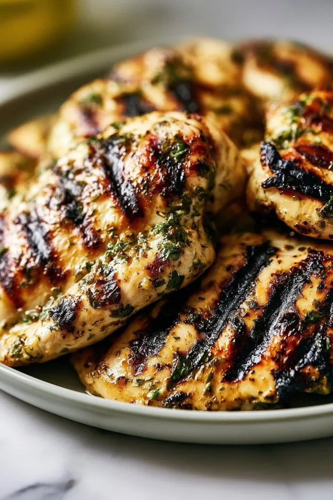 Grilled chicken breasts with herbs and lemon on a plate.