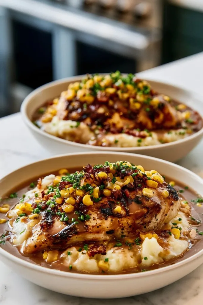 Delicious grilled chicken mashed potato bowl topped with fresh herbs