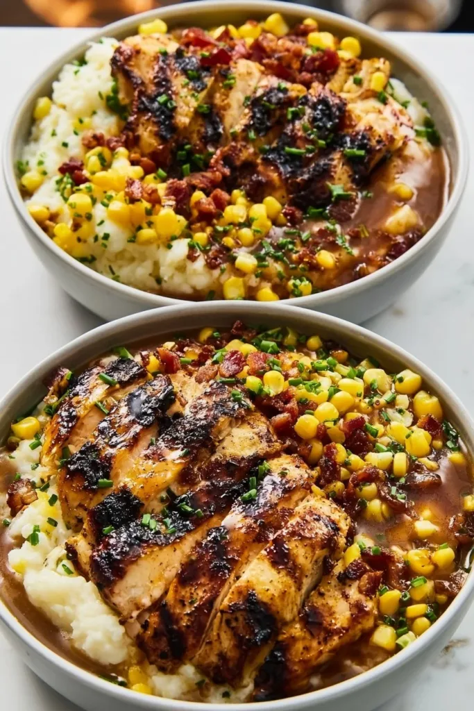 Delicious grilled chicken mashed potatoes bowl topped with fresh herbs