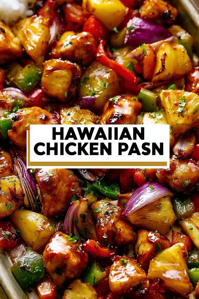 Hawaiian Chicken Sheet Pan Dinner with colorful vegetables on a serving platter