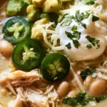 Healthy white chicken chili cooked in a crockpot, garnished with cilantro.