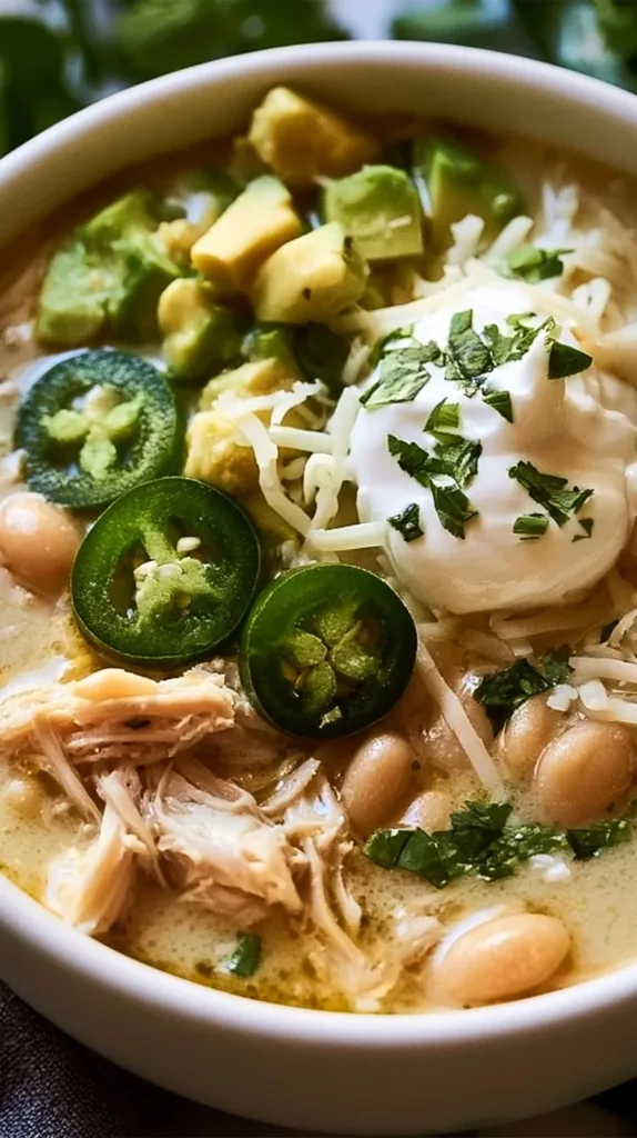 Healthy white chicken chili cooked in a crockpot, garnished with cilantro.