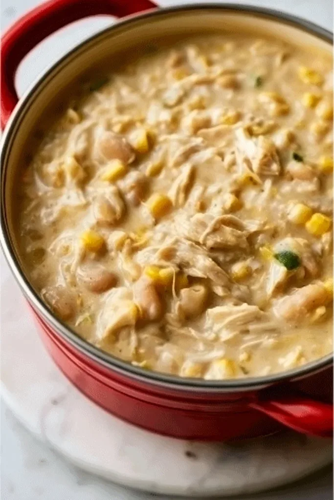 Bowl of homemade white chicken chili topped with cilantro and jalapenos.