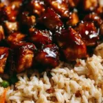 Honey BBQ Chicken served over rice with garnishes
