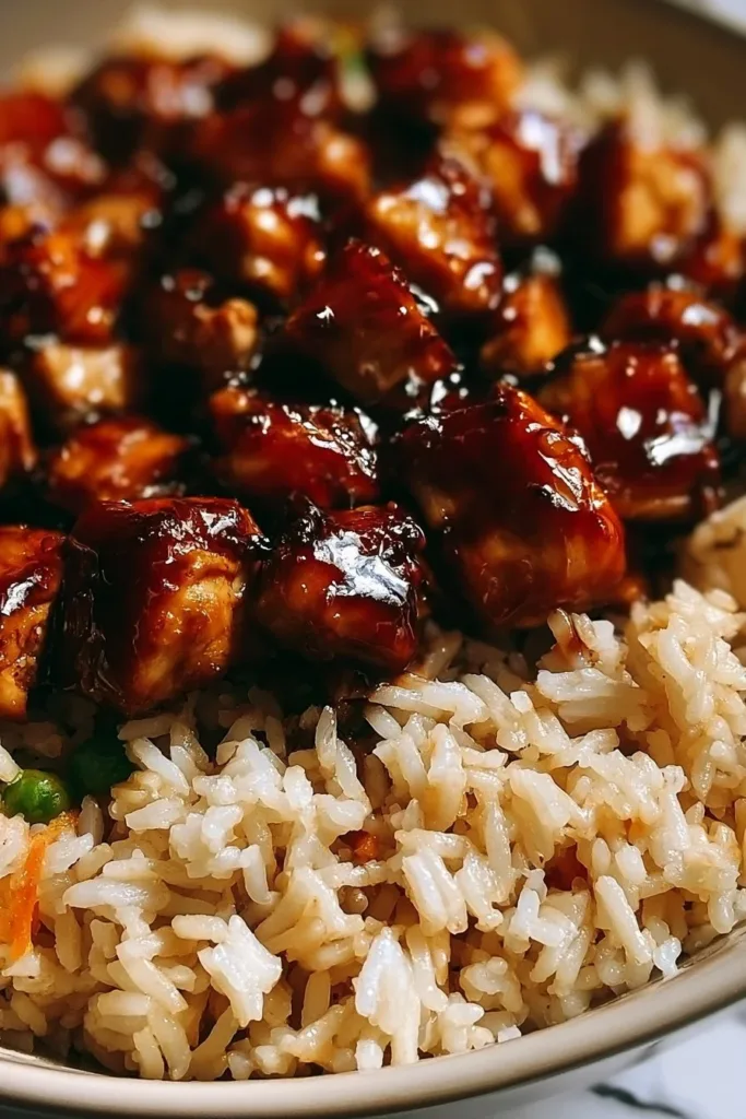 Honey BBQ Chicken served over rice with garnishes