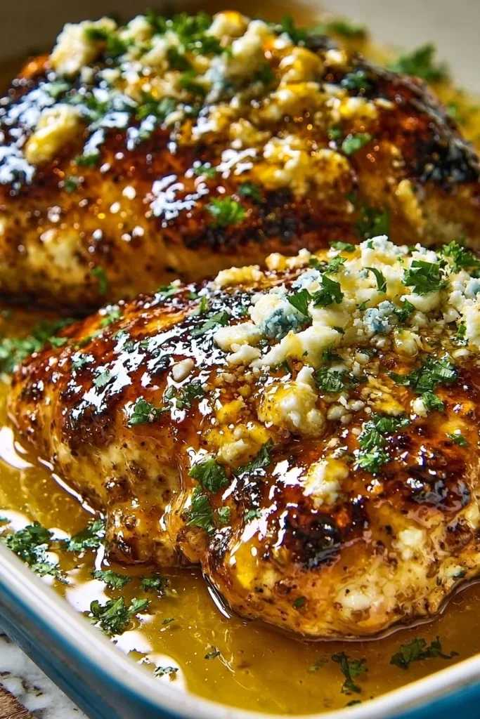 Honey Feta Chicken dish served with vegetables on a plate