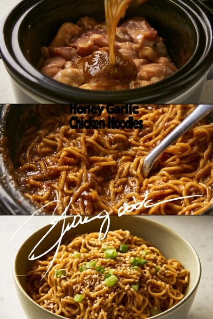 Honey Garlic Chicken Noodles in a bowl topped with green onions