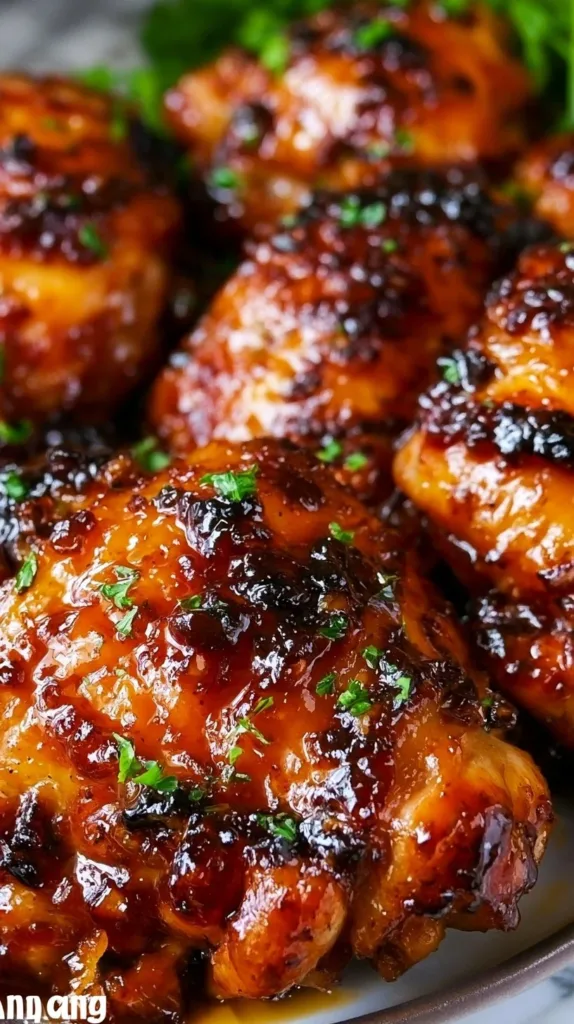 Delicious Honey Garlic Chicken Thighs served on a plate with herbs.