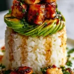Honey Lime Chicken avocado rice stack served on a plate for a healthy meal.