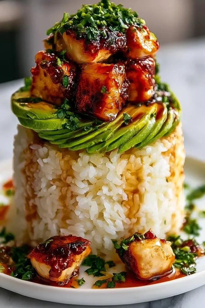 Honey Lime Chicken avocado rice stack served on a plate for a healthy meal.