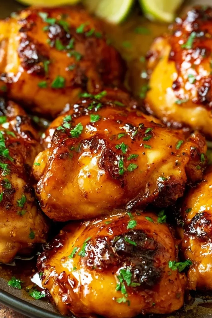 Delicious Honey Lime Chicken served on a plate with fresh herbs and lime slices.