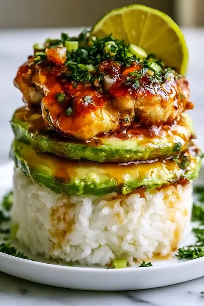 Honey Lime Chicken Rice Stack served with vibrant vegetables