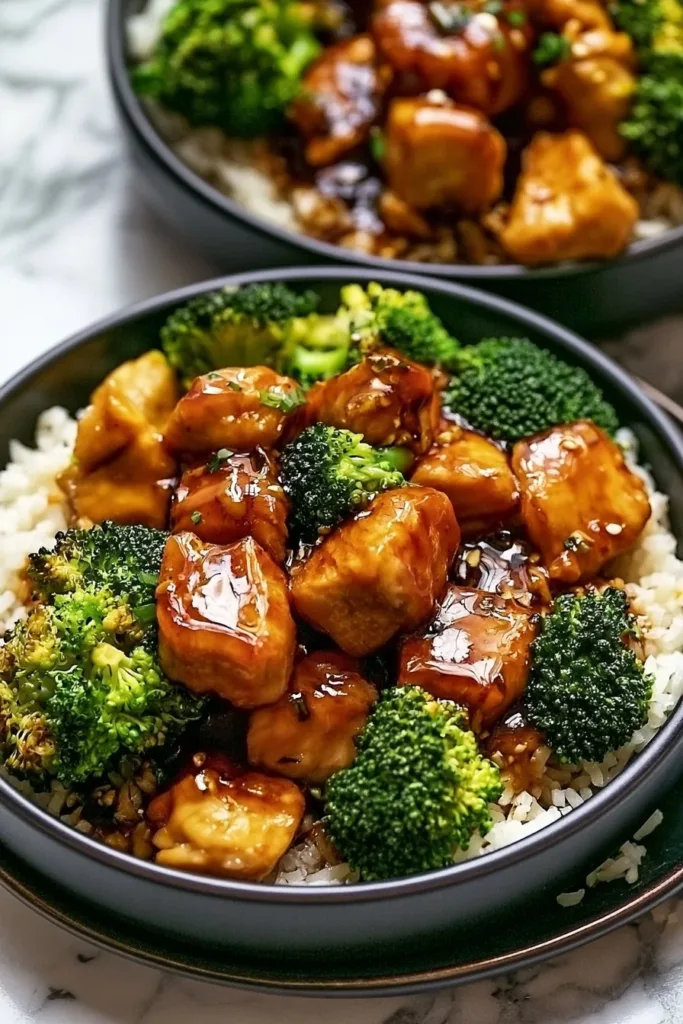 Delicious Hot Honey Chicken Bowl garnished with fresh vegetables and honey drizzle.