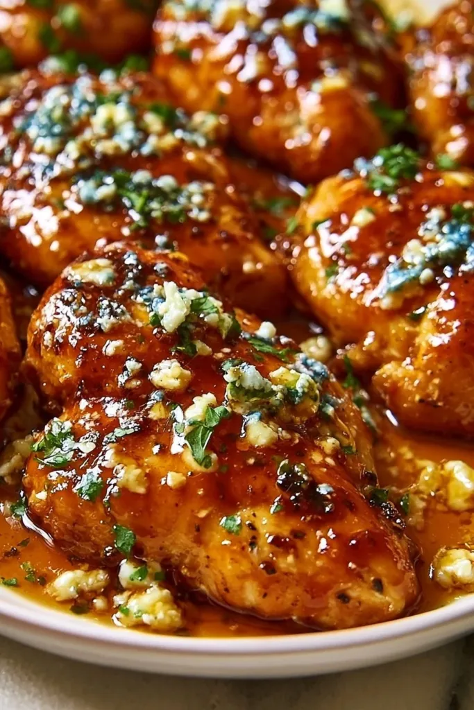 Hot Honey Feta Chicken served on a plate with herbs and spices