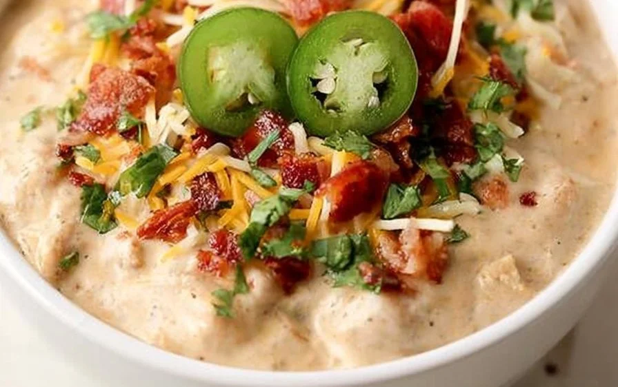 Delicious bowl of Jalapeno Popper Chicken Chili topped with cheese and jalapenos