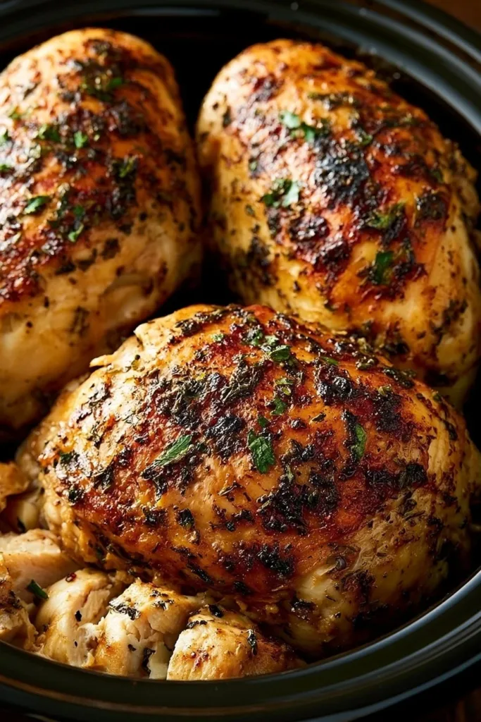 Juicy Slow Cooker Chicken Breast served with vegetables and herbs